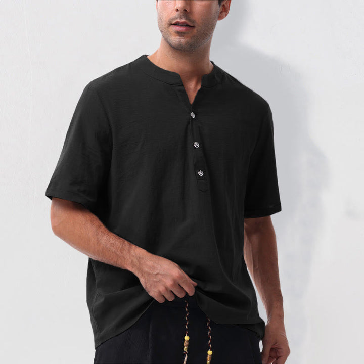 Buddha Stones Camisa de manga corta para hombre, estilo casual de verano, con cuello mandarín, botones laterales y confeccionada en algodón y lino. - image 13