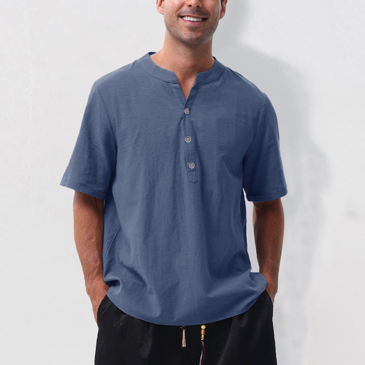Buddha Stones Camisa de manga corta para hombre, estilo casual de verano, con cuello mandarín, botones laterales y confeccionada en algodón y lino. - Azul acero - US/UK/AU50, EU60 (5XL) - image 16