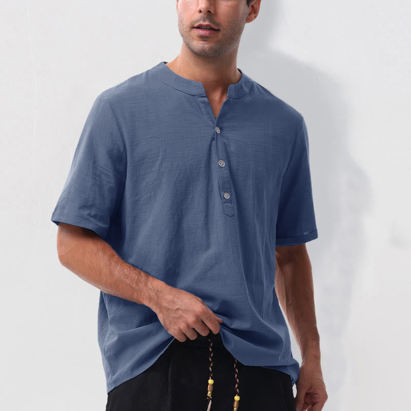 Buddha Stones Camisa de manga corta para hombre, estilo casual de verano, con cuello mandarín, botones laterales y confeccionada en algodón y lino. - image 17