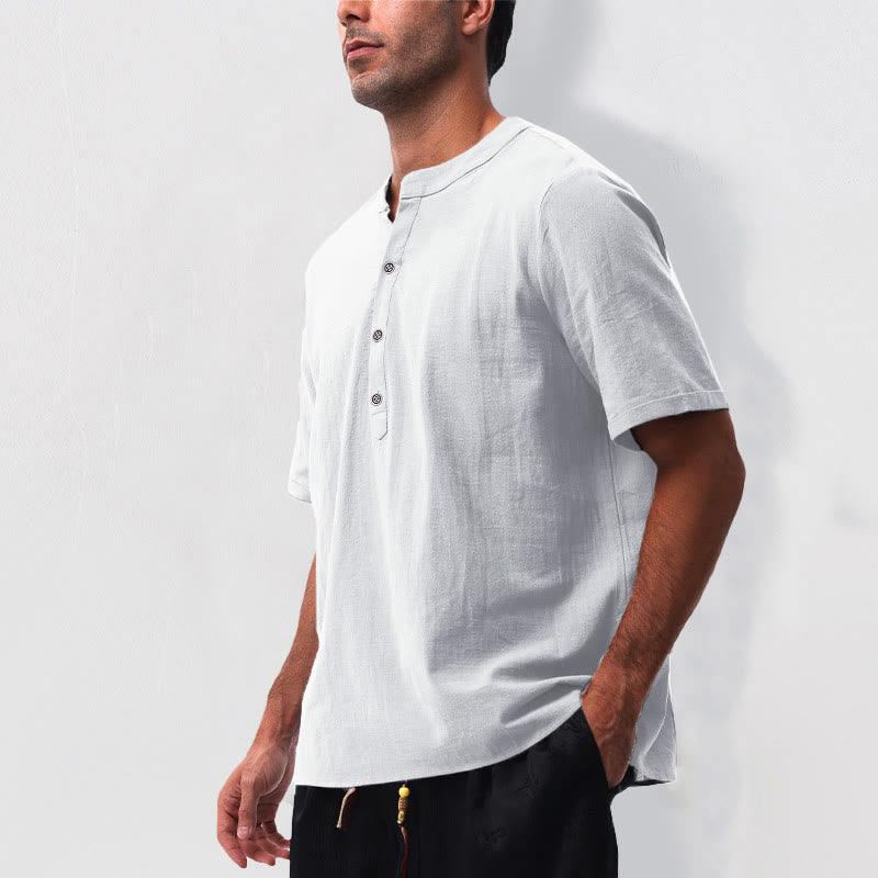 Buddha Stones Camisa de manga corta para hombre, estilo casual de verano, con cuello mandarín, botones laterales y confeccionada en algodón y lino. - image 23
