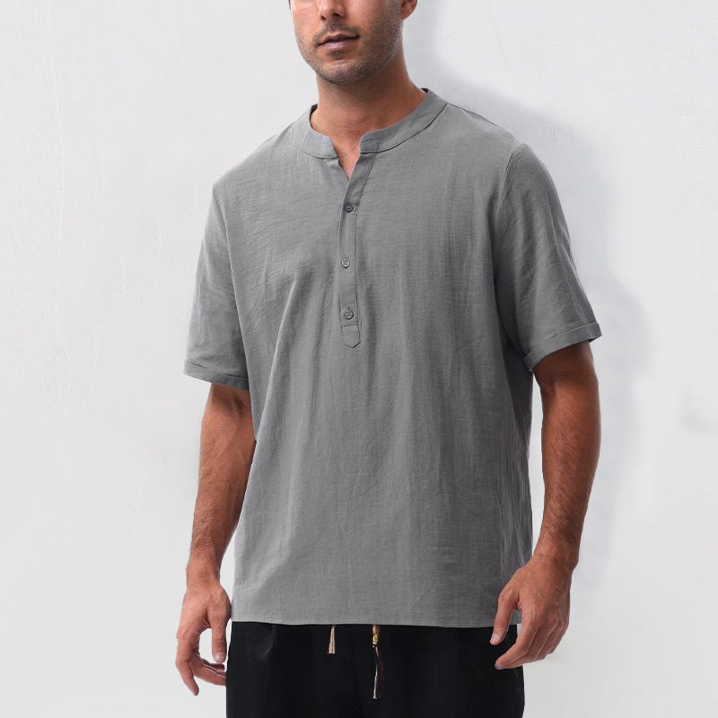 Buddha Stones Camisa de manga corta para hombre, estilo casual de verano, con cuello mandarín, botones laterales y confeccionada en algodón y lino. - image 6