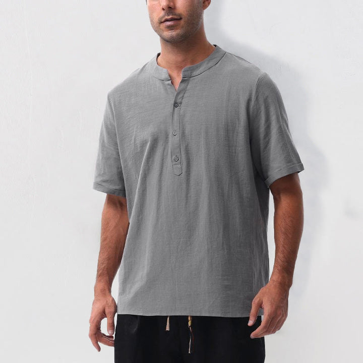 Buddha Stones Camisa de manga corta para hombre, estilo casual de verano, con cuello mandarín, botones laterales y confeccionada en algodón y lino. - image 6