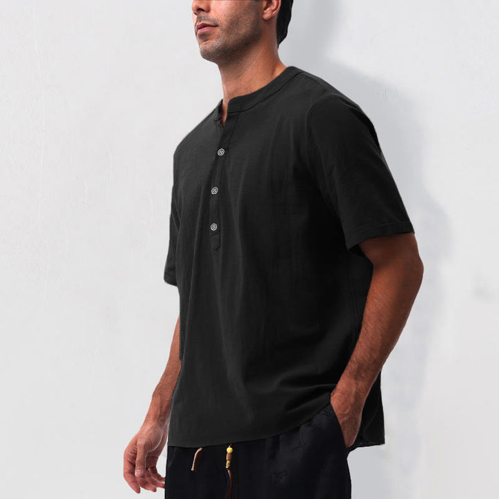 Buddha Stones Camisa de manga corta para hombre, estilo casual de verano, con cuello mandarín, botones laterales y confeccionada en algodón y lino. - image 14