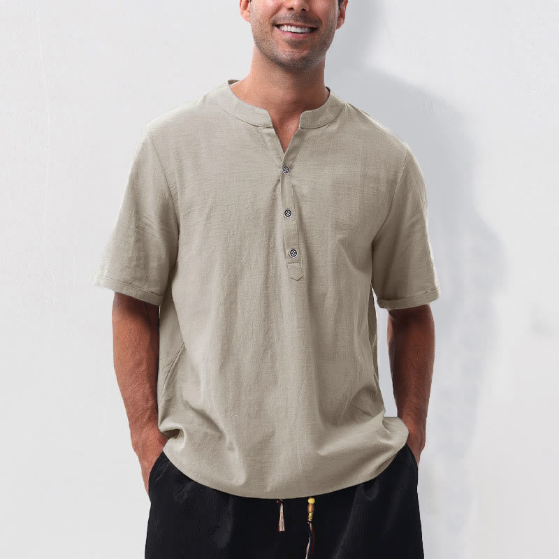 Buddha Stones Camisa de manga corta para hombre, estilo casual de verano, con cuello mandarín, botones laterales y confeccionada en algodón y lino. - Lino - US/UK/AU50, EU60 (5XL) - image 8
