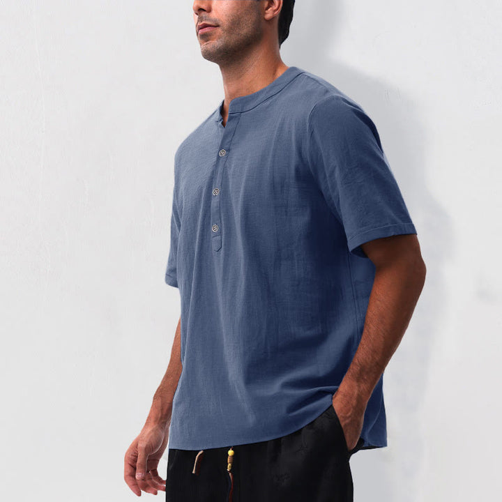 Buddha Stones Camisa de manga corta para hombre, estilo casual de verano, con cuello mandarín, botones laterales y confeccionada en algodón y lino. - image 18