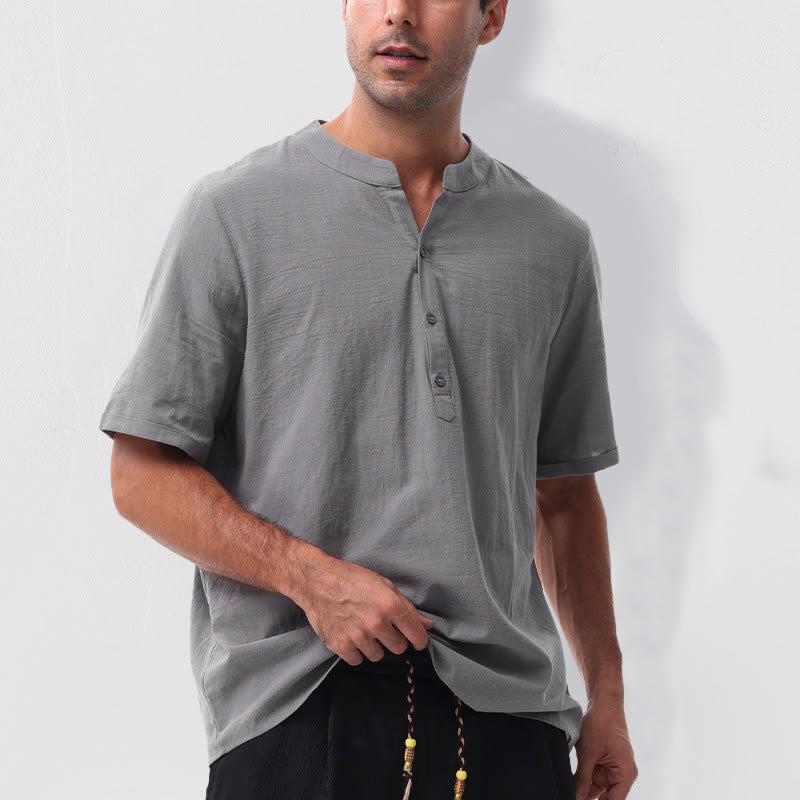 Buddha Stones Camisa de manga corta para hombre, estilo casual de verano, con cuello mandarín, botones laterales y confeccionada en algodón y lino. - image 7