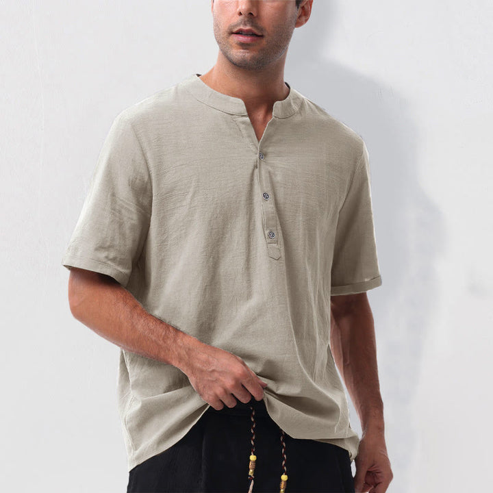 Buddha Stones Camisa de manga corta para hombre, estilo casual de verano, con cuello mandarín, botones laterales y confeccionada en algodón y lino. - image 9