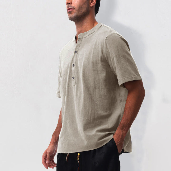 Buddha Stones Camisa de manga corta para hombre, estilo casual de verano, con cuello mandarín, botones laterales y confeccionada en algodón y lino. - image 11