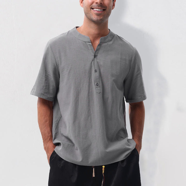 Buddha Stones Camisa de manga corta para hombre, estilo casual de verano, con cuello mandarín, botones laterales y confeccionada en algodón y lino. - Gris - US/UK/AU50, EU60 (5XL) - image 0