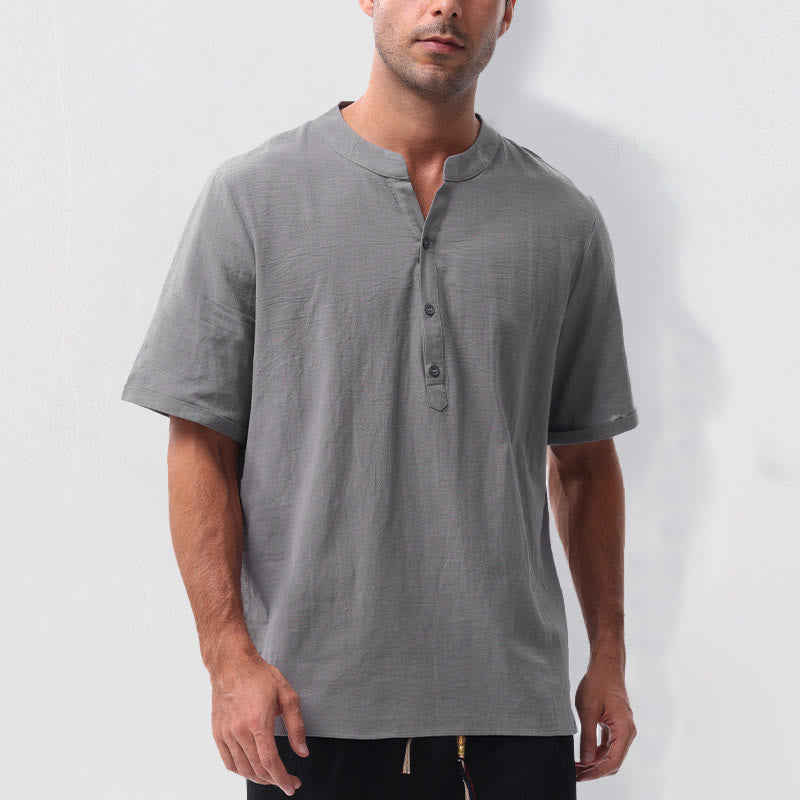 Buddha Stones Camisa de manga corta para hombre, estilo casual de verano, con cuello mandarín, botones laterales y confeccionada en algodón y lino. - image 5