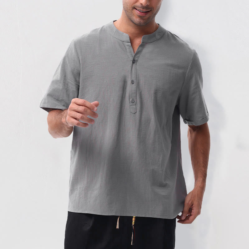 Buddha Stones Camisa de manga corta para hombre, estilo casual de verano, con cuello mandarín, botones laterales y confeccionada en algodón y lino. - image 1