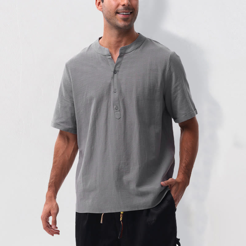 Buddha Stones Camisa de manga corta para hombre, estilo casual de verano, con cuello mandarín, botones laterales y confeccionada en algodón y lino. - image 4