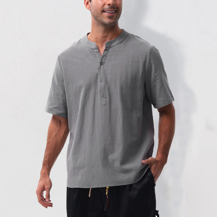 Buddha Stones Camisa de manga corta para hombre, estilo casual de verano, con cuello mandarín, botones laterales y confeccionada en algodón y lino. - image 4