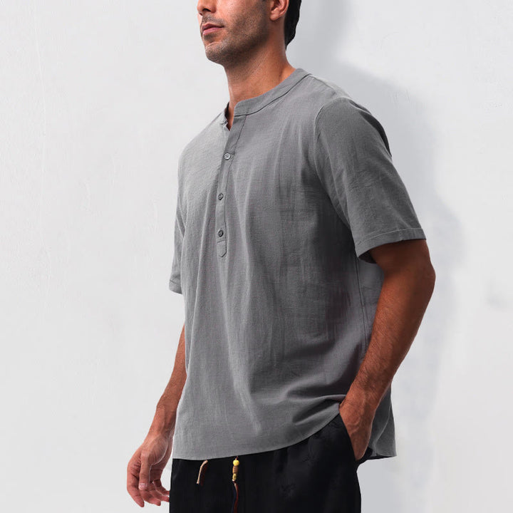 Buddha Stones Camisa de manga corta para hombre, estilo casual de verano, con cuello mandarín, botones laterales y confeccionada en algodón y lino. - image 2