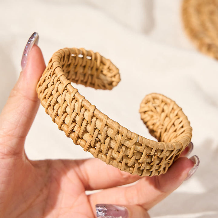 Buddha Stones Pulsera abierta de ratán natural tejida a mano estilo bohemio - image 2