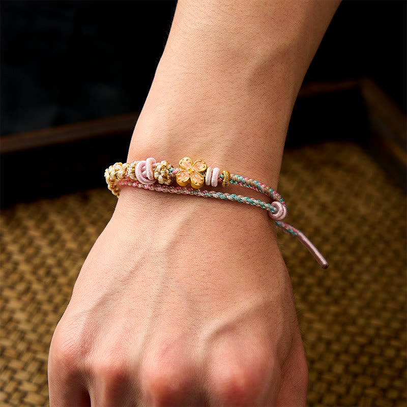 Buddha Stones Pulsera de doble capa con nudos de flor de durazno tejida a mano - image 13