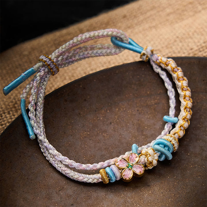 Buddha Stones Pulsera de doble capa con nudos de flor de durazno tejida a mano - Cardo - Con accesorio de flor morada - image 15