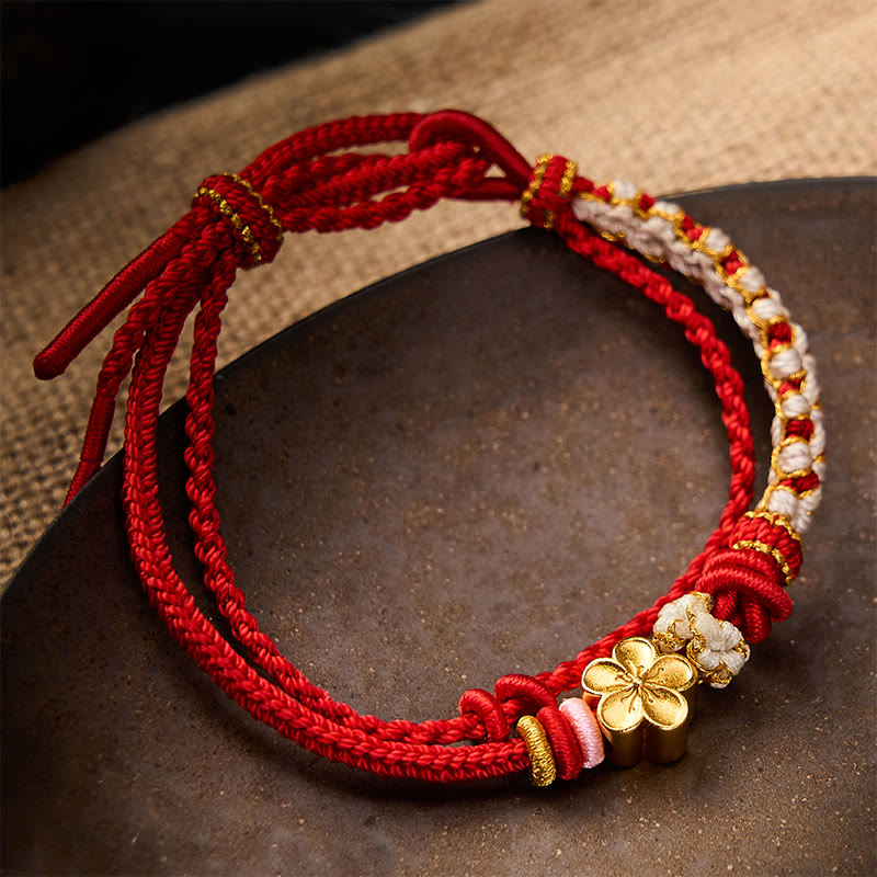Buddha Stones Pulsera de doble capa con nudos de flor de durazno tejida a mano - Rojo - Con accesorio de flor de durazno - image 0