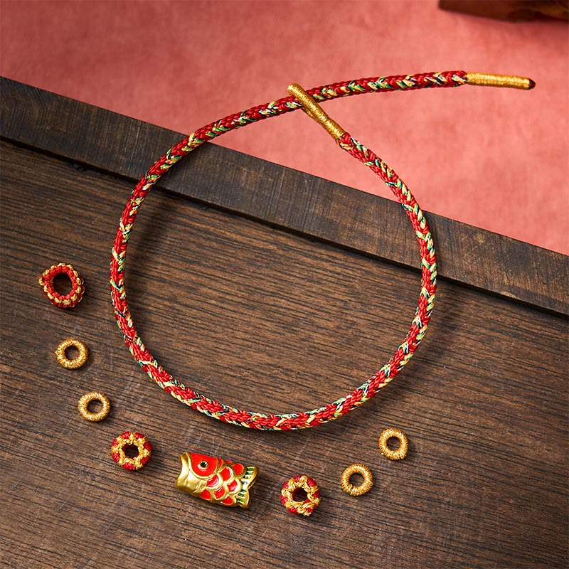 Buddha Stones Pulsera protectora tejida a mano con hilo rojo y diseño de flor de pez koi. - image 2