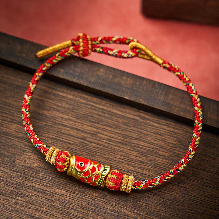 Buddha Stones Pulsera protectora tejida a mano con hilo rojo y diseño de flor de pez koi. - Rojo - Con accesorio de pez koi - image 8