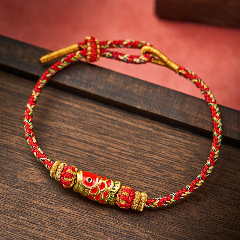 Buddha Stones Pulsera protectora tejida a mano con hilo rojo y diseño de flor de pez koi. - image 1