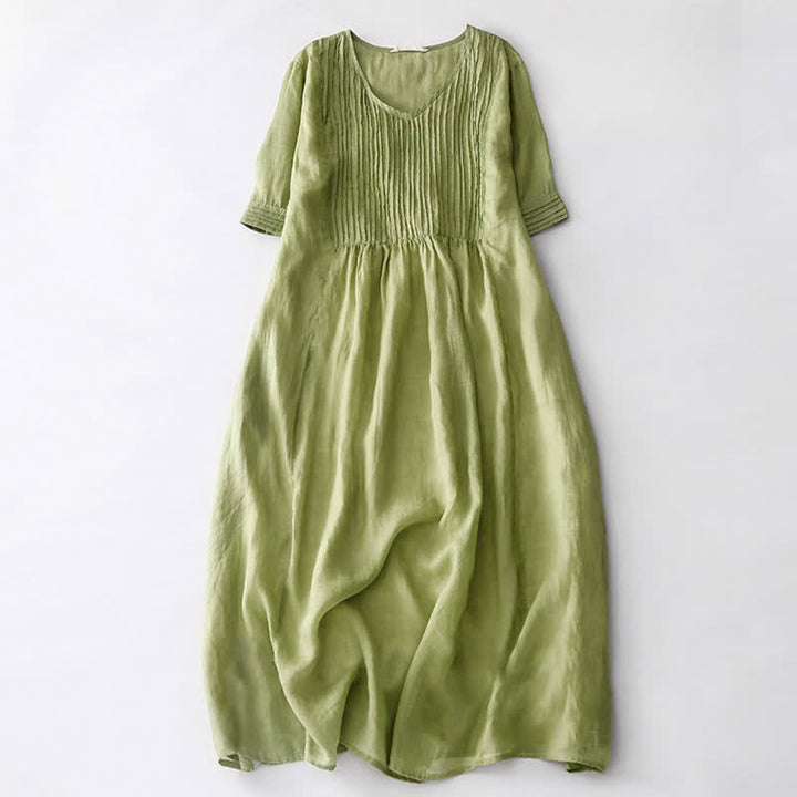 Vestido midi informal de manga corta con cuello en V, pliegues tipo acordeón y bolsillos, con estampado de Buddha Stones. - Verde amarillento - US14，UK/AU18，EU46 (2XL) - image 11