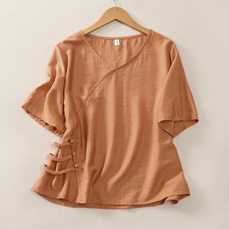 Buddha Stones Camiseta de manga corta para mujer, estilo casual de verano, minimalista, con cuello en V y botones decorativos. - Perú - US8-10, UK/AU12-14, EU40-42 (2XL) - image 0