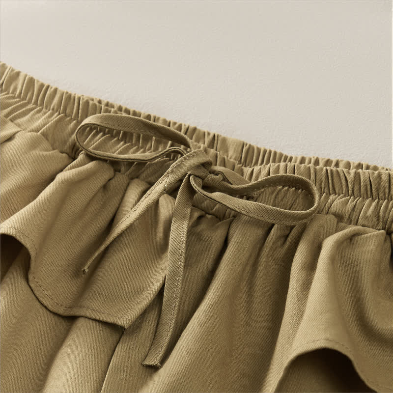 Buddha Stones Pantalones cortos lisos con volantes, cintura elástica y cordón ajustable, ideales para primavera y verano. Pantalones rectos con bolsillos para mujer. - image 3