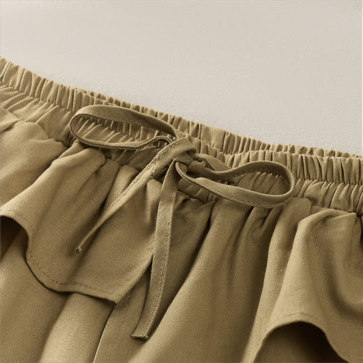 Buddha Stones Pantalones cortos lisos con volantes, cintura elástica y cordón ajustable, ideales para primavera y verano. Pantalones rectos con bolsillos para mujer. - image 3