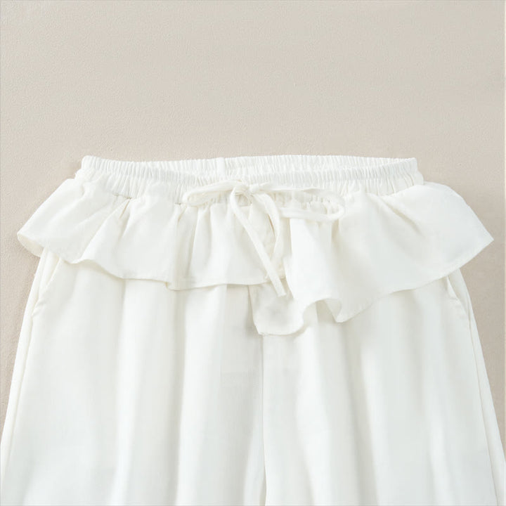 Buddha Stones Pantalones cortos lisos con volantes, cintura elástica y cordón ajustable, ideales para primavera y verano. Pantalones rectos con bolsillos para mujer. - image 12