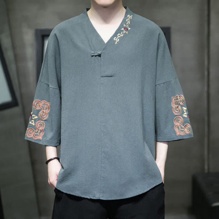 Buddha Stones Camisas de manga corta para hombre con cuello en V, un botón y estampado floral, estilo Summer Tang, con bordados y cuello en V. - Azul cadete - US/UK/AU46, EU56 (5XL) - image 0