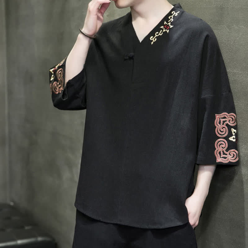 Buddha Stones Camisas de manga corta para hombre con cuello en V, un botón y estampado floral, estilo Summer Tang, con bordados y cuello en V. - image 7