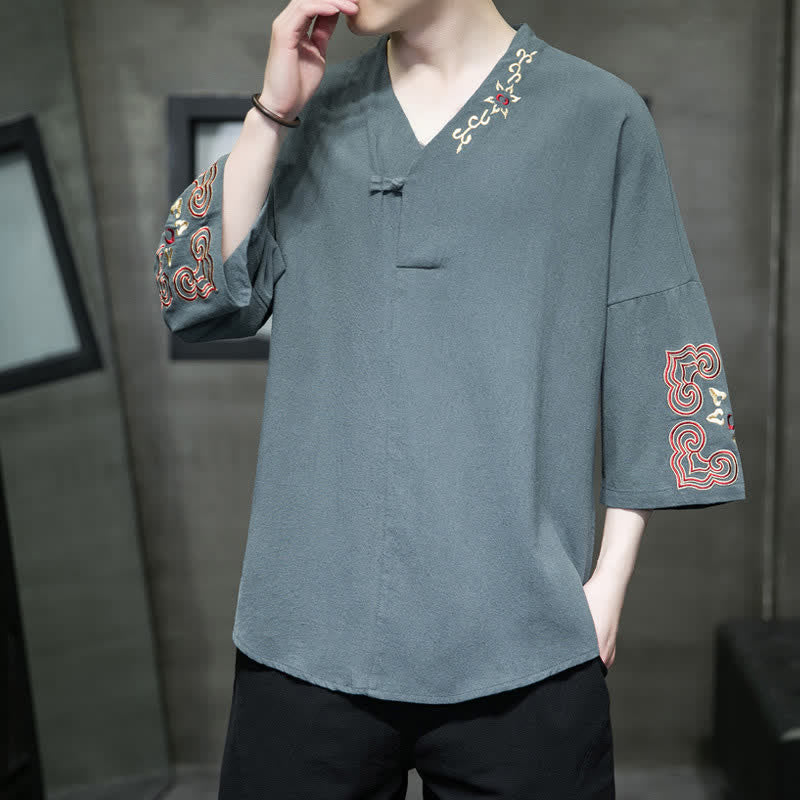 Buddha Stones Camisas de manga corta para hombre con cuello en V, un botón y estampado floral, estilo Summer Tang, con bordados y cuello en V. - image 2