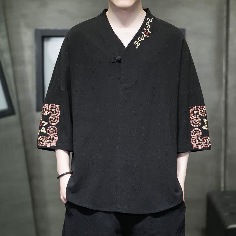 Buddha Stones Camisas de manga corta para hombre con cuello en V, un botón y estampado floral, estilo Summer Tang, con bordados y cuello en V. - Negro - US/UK/AU46, EU56 (5XL) - image 6