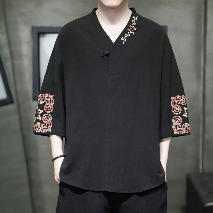 Buddha Stones Camisas de manga corta para hombre con cuello en V, un botón y estampado floral, estilo Summer Tang, con bordados y cuello en V. - Negro - US/UK/AU46, EU56 (5XL) - image 6
