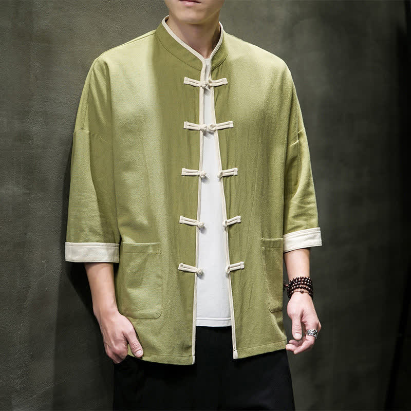 Buddha Stones Camisas de manga corta para hombre con cuello mandarín, bloques de color y botones de rana, estilo Summer Tang, con bolsillos. - image 1
