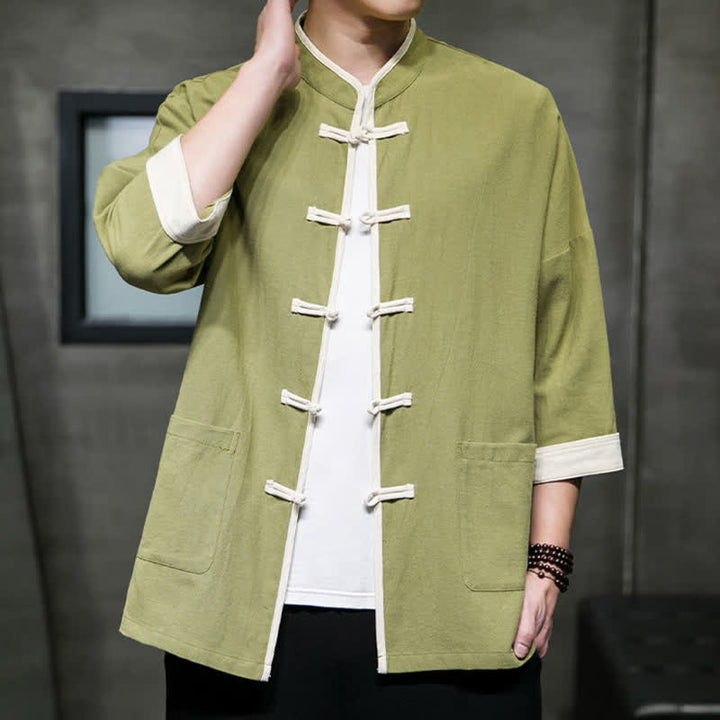 Buddha Stones Camisas de manga corta para hombre con cuello mandarín, bloques de color y botones de rana, estilo Summer Tang, con bolsillos. - image 3
