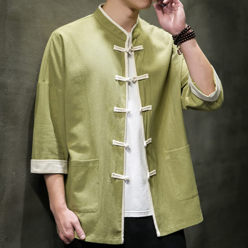 Buddha Stones Camisas de manga corta para hombre con cuello mandarín, bloques de color y botones de rana, estilo Summer Tang, con bolsillos. - image 8