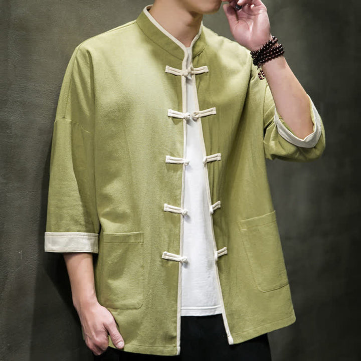 Buddha Stones Camisas de manga corta para hombre con cuello mandarín, bloques de color y botones de rana, estilo Summer Tang, con bolsillos. - image 8
