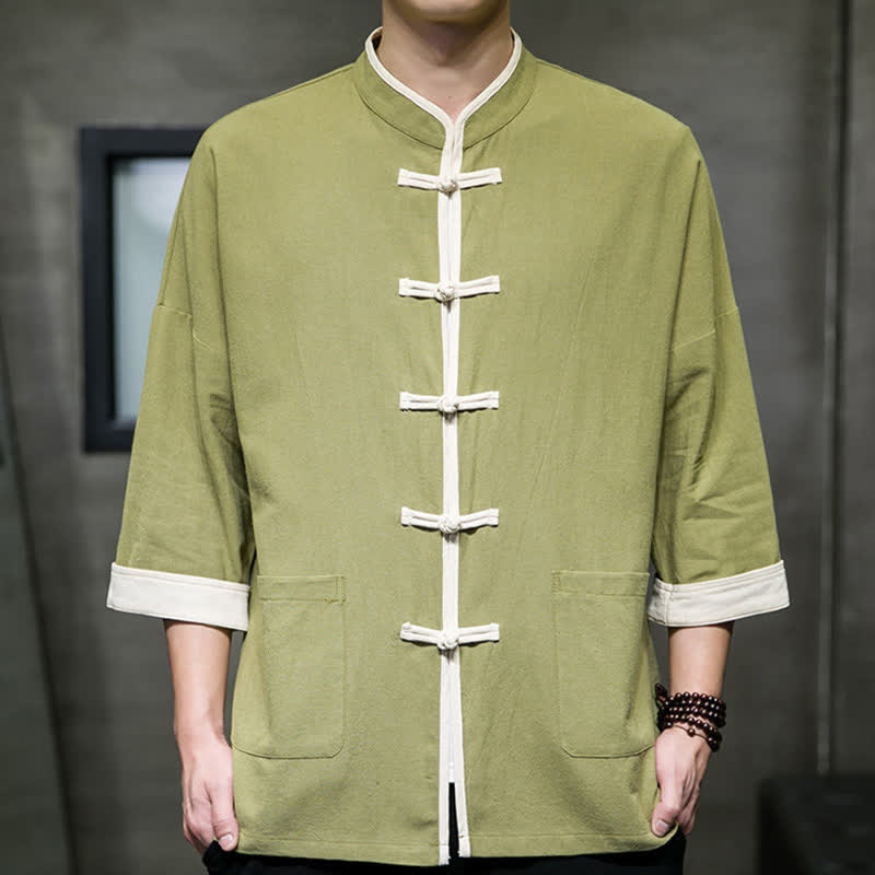 Buddha Stones Camisas de manga corta para hombre con cuello mandarín, bloques de color y botones de rana, estilo Summer Tang, con bolsillos. - image 2