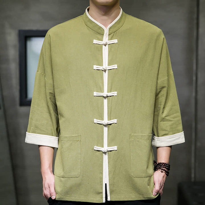 Buddha Stones Camisas de manga corta para hombre con cuello mandarín, bloques de color y botones de rana, estilo Summer Tang, con bolsillos. - image 2