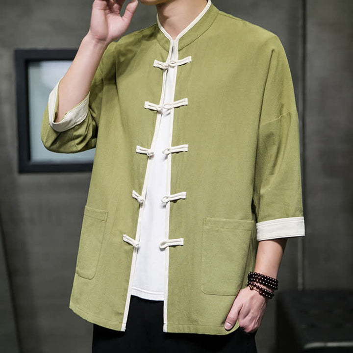 Buddha Stones Camisas de manga corta para hombre con cuello mandarín, bloques de color y botones de rana, estilo Summer Tang, con bolsillos. - Verde oliva - US/UK/AU46, EU56 (5XL) - image 0