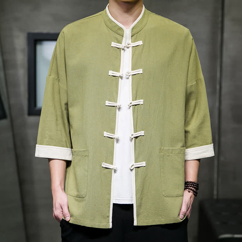 Buddha Stones Camisas de manga corta para hombre con cuello mandarín, bloques de color y botones de rana, estilo Summer Tang, con bolsillos. - image 6
