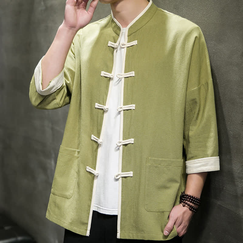 Buddha Stones Camisas de manga corta para hombre con cuello mandarín, bloques de color y botones de rana, estilo Summer Tang, con bolsillos. - image 7