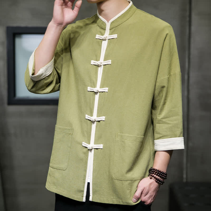 Buddha Stones Camisas de manga corta para hombre con cuello mandarín, bloques de color y botones de rana, estilo Summer Tang, con bolsillos. - image 9