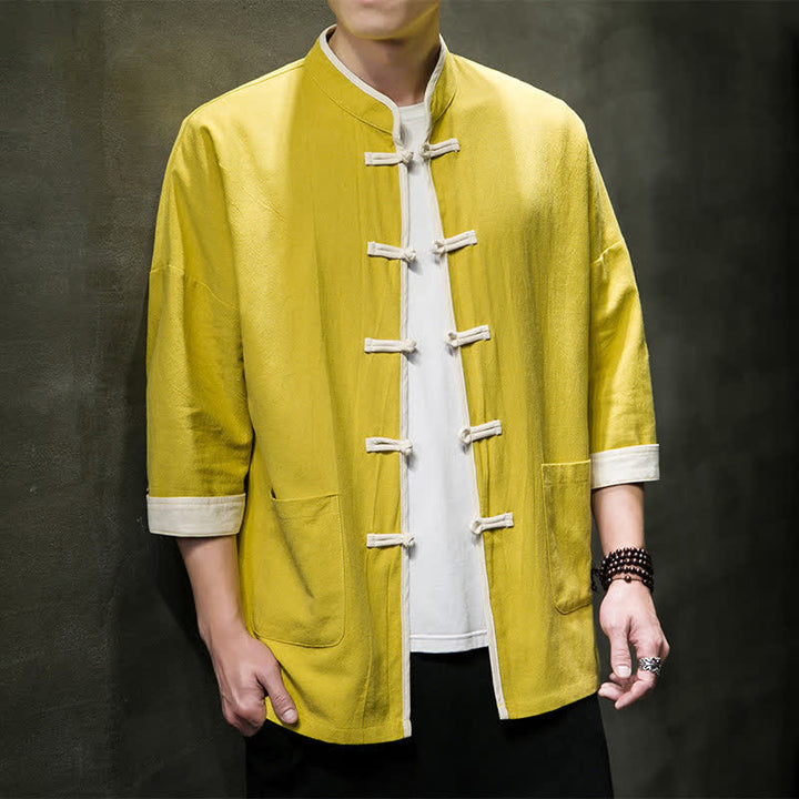 Buddha Stones Camisas de manga corta para hombre con cuello mandarín, bloques de color y botones de rana, estilo Summer Tang, con bolsillos. - image 34