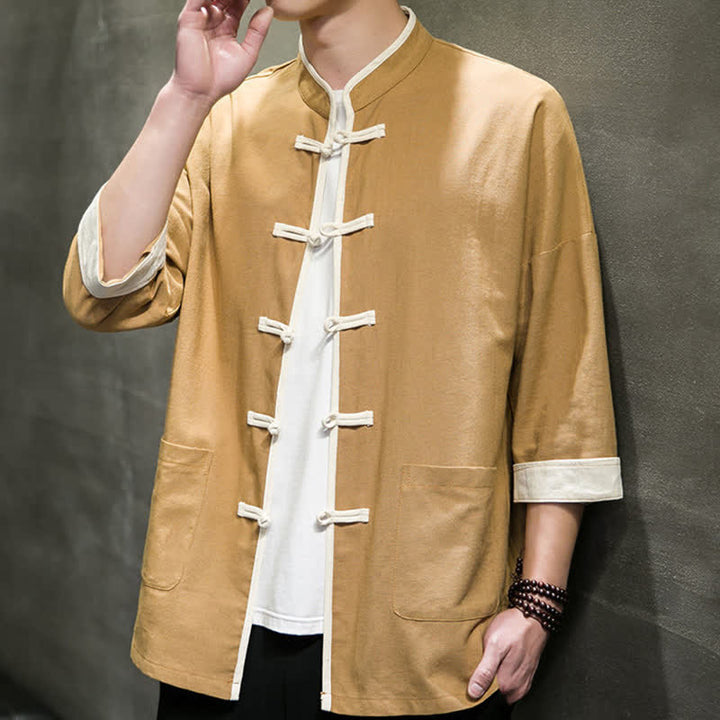 Buddha Stones Camisas de manga corta para hombre con cuello mandarín, bloques de color y botones de rana, estilo Summer Tang, con bolsillos. - image 15