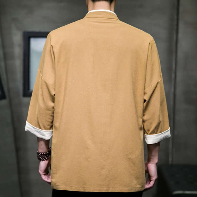 Buddha Stones Camisas de manga corta para hombre con cuello mandarín, bloques de color y botones de rana, estilo Summer Tang, con bolsillos. - image 18