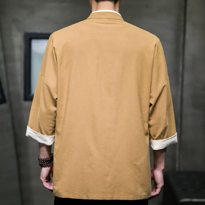 Buddha Stones Camisas de manga corta para hombre con cuello mandarín, bloques de color y botones de rana, estilo Summer Tang, con bolsillos. - image 18