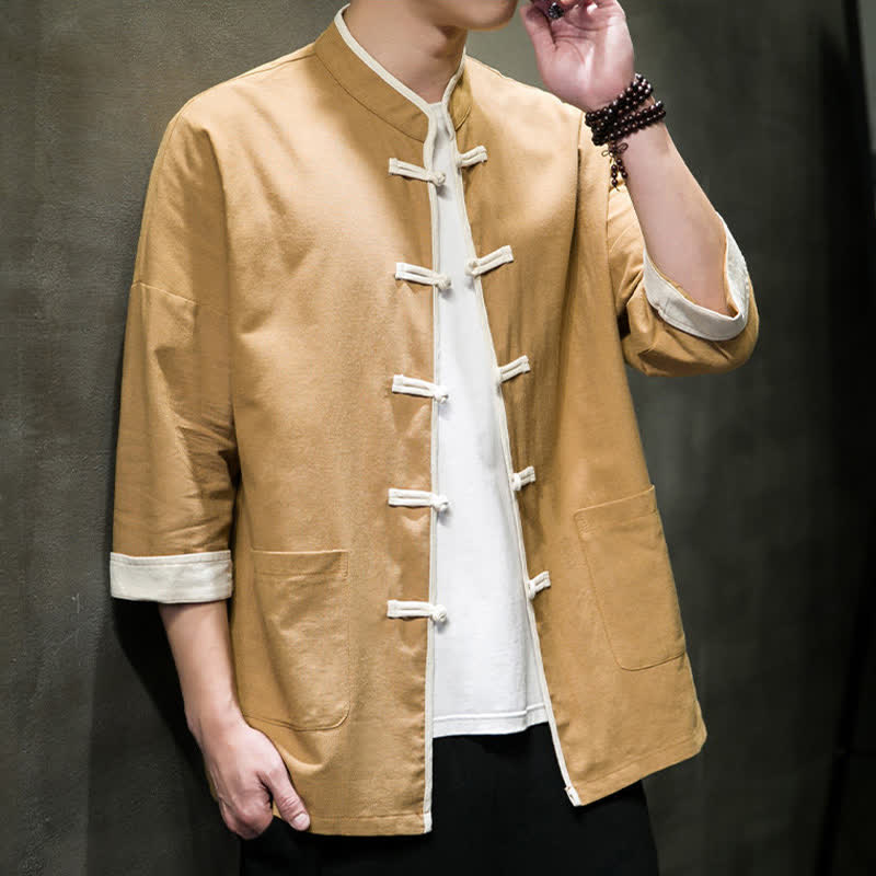 Buddha Stones Camisas de manga corta para hombre con cuello mandarín, bloques de color y botones de rana, estilo Summer Tang, con bolsillos. - image 22